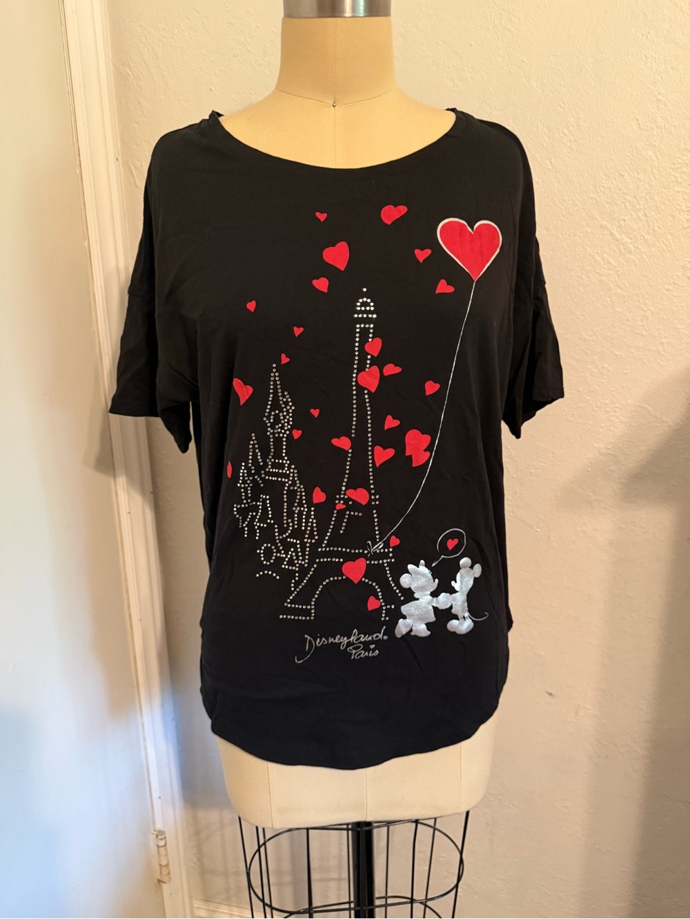 Disneyland Paris Mickey Minnie Rhinestone Eiffel Tower Heart Tee L
